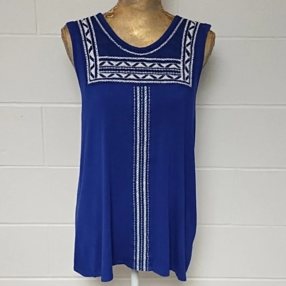 LOVEAPPELA ROYAL BLUE, EMBROIDERED SOFT KNIT BOHO SLEEVLESS TOP - Picture 8 of 8